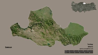 Başkenti sağlam bir zemin üzerinde izole edilmiş Samsun 'un şekli. Uzaklık ölçeği, bölge önizlemesi ve etiketleri. Uydu görüntüleri. 3B görüntüleme