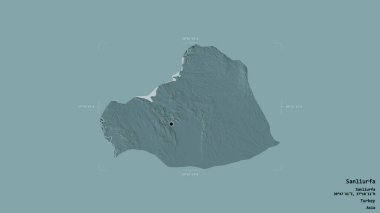 Türkiye 'nin Şanlıurfa ilçesi bir sınır kutusunda sağlam bir zemin üzerinde izole edilmiş durumda. Etiketler. Renkli yükseklik haritası. 3B görüntüleme