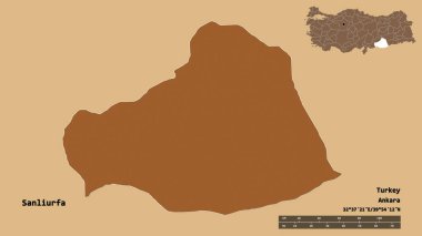 Türkiye 'nin Şanlıurfa eyaleti, başkenti sağlam bir zemin üzerinde izole edilmiş durumda. Uzaklık ölçeği, bölge önizlemesi ve etiketleri. Desenli dokuların bileşimi. 3B görüntüleme