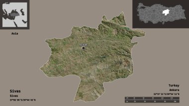 Sivas 'ın şekli, Türkiye' nin ili ve başkenti. Uzaklık ölçeği, ön gösterimler ve etiketler. Uydu görüntüleri. 3B görüntüleme