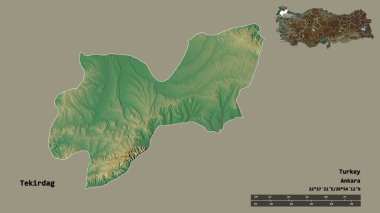 Türkiye 'nin Tekirdağ ilçesinin başkenti sağlam bir zemin üzerinde izole edilmiştir. Uzaklık ölçeği, bölge önizlemesi ve etiketleri. Topografik yardım haritası. 3B görüntüleme