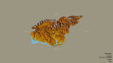Türkiye 'nin Tunceli ilçesi bir sınır kutusunun sağlam bir arka planında izole edilmiş durumda. Etiketler. Topografik yardım haritası. 3B görüntüleme