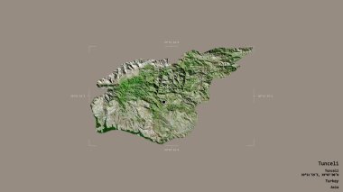 Türkiye 'nin Tunceli ilçesi bir sınır kutusunun sağlam bir arka planında izole edilmiş durumda. Etiketler. Uydu görüntüleri. 3B görüntüleme