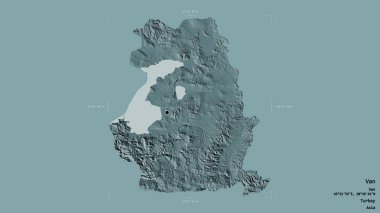 Türkiye 'nin Van ilçesi bir sınır kutusunda sağlam bir arka planda izole edilmiş durumda. Etiketler. Renkli yükseklik haritası. 3B görüntüleme