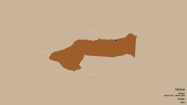 Yalova bölgesi, Türkiye 'nin Yalova ilçesi, jeoreferatlı bir sınır kutusunun sağlam bir arka planında izole edildi. Etiketler. Desenli dokuların bileşimi. 3B görüntüleme