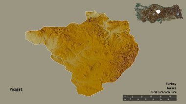 Türkiye 'nin Yozgat kenti, başkenti sağlam bir zemin üzerinde izole edilmiş durumda. Uzaklık ölçeği, bölge önizlemesi ve etiketleri. Topografik yardım haritası. 3B görüntüleme