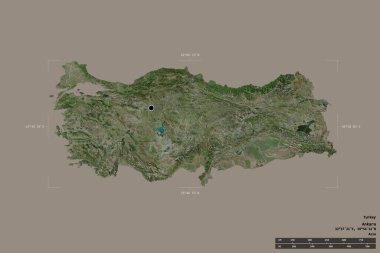 Türkiye bölgesi, jeoreferatlı bir sınır kutusundaki sağlam bir arka planda izole edildi. Ana bölgesel bölüm, mesafe ölçeği, etiketler. Uydu görüntüleri. 3B görüntüleme