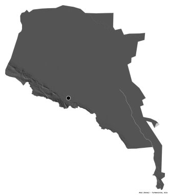 Başkenti beyaz arka planda izole edilmiş olan Türkmenistan ili Ahal 'in şeklidir. Çift seviyeli yükseklik haritası. 3B görüntüleme