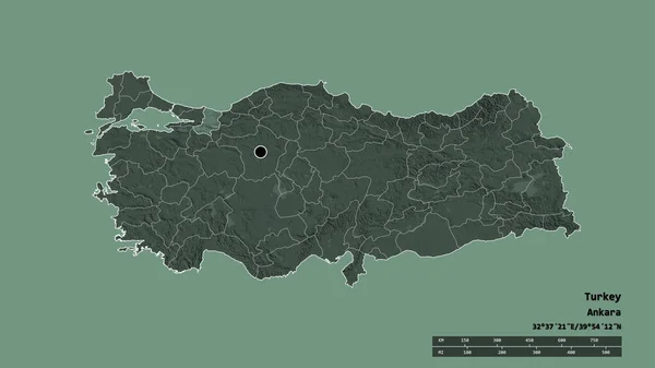 主要な地域部門と分離されたサカリヤ地域とトルコの荒廃した形 ラベル 色の標高マップ 3Dレンダリング — ストック写真