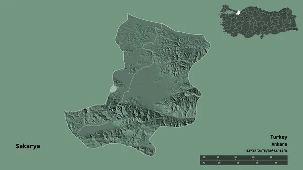 トルコの州サカリヤの形は その首都はしっかりとした背景に隔離されています 距離スケール リージョンプレビュー およびラベル 色の標高マップ 3Dレンダリング — ストック写真