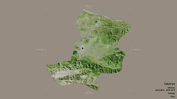 トルコの州サカリヤの地域は 洗練された境界ボックス内の強固な背景に隔離されています ラベル 衛星画像 3Dレンダリング — ストック写真