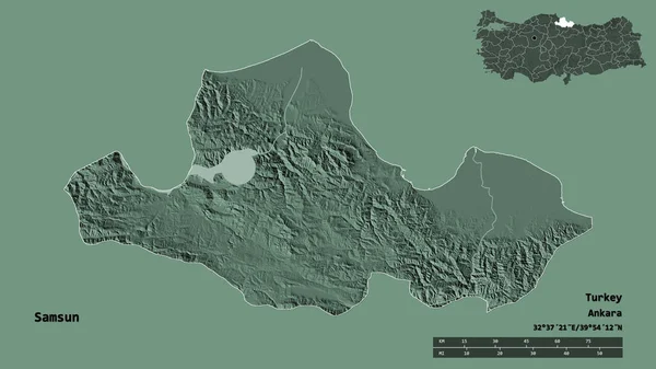 土耳其萨姆松的形状 其首都在坚实的背景下与世隔绝 距离尺度 区域预览和标签 彩色高程图 3D渲染 — 图库照片