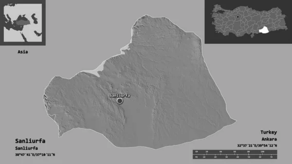 トルコの州であるサンリウルファとその首都の形 距離スケール プレビューおよびラベル 標高マップ 3Dレンダリング — ストック写真