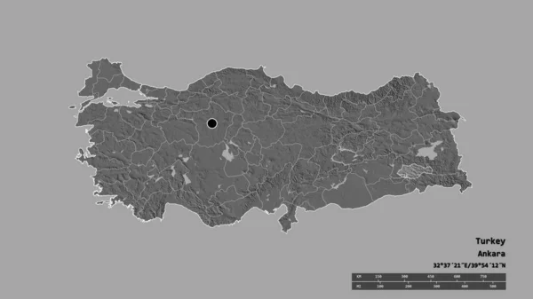 主要な地域部門と分離したシルト地域とトルコの荒廃した形 ラベル 標高マップ 3Dレンダリング — ストック写真