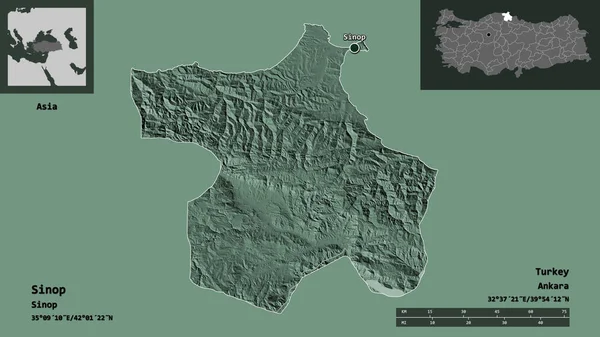 シノープの形 トルコの州 およびその首都 距離スケール プレビューおよびラベル 色の標高マップ 3Dレンダリング — ストック写真