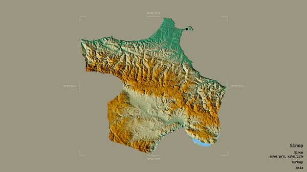 トルコの州であるSinopの地域は 洗練された境界ボックス内の強固な背景に隔離されています ラベル 地形図 3Dレンダリング — ストック写真