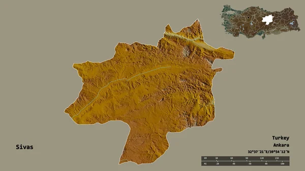 土耳其锡瓦斯省的形状 其首都在坚实的背景下与世隔绝 距离尺度 区域预览和标签 地形浮雕图 3D渲染 — 图库照片