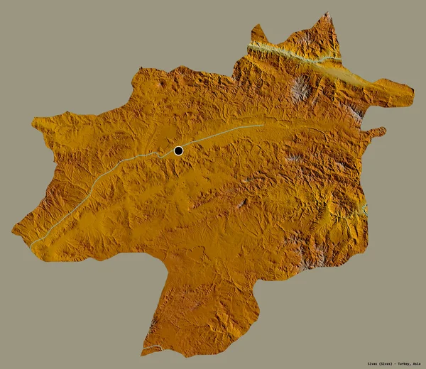 土耳其锡瓦斯省的形状 其首都用纯色背景隔开 地形浮雕图 3D渲染 — 图库照片