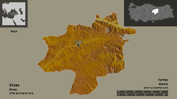 土耳其锡瓦斯省的形状及其首都 距离刻度 预览和标签 地形浮雕图 3D渲染 — 图库照片
