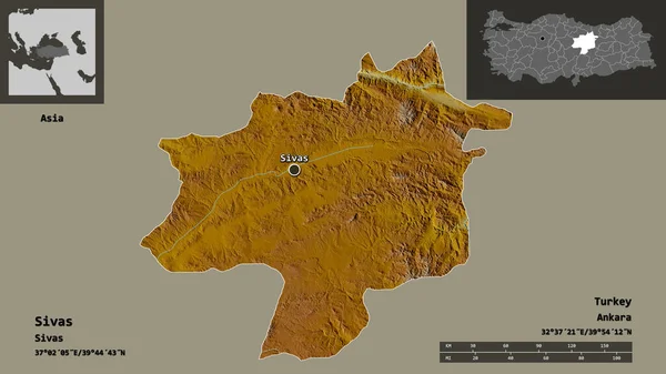 Shape Sivas Provinz Der Türkei Und Ihre Hauptstadt Entfernungsskala Vorschau — Stockfoto