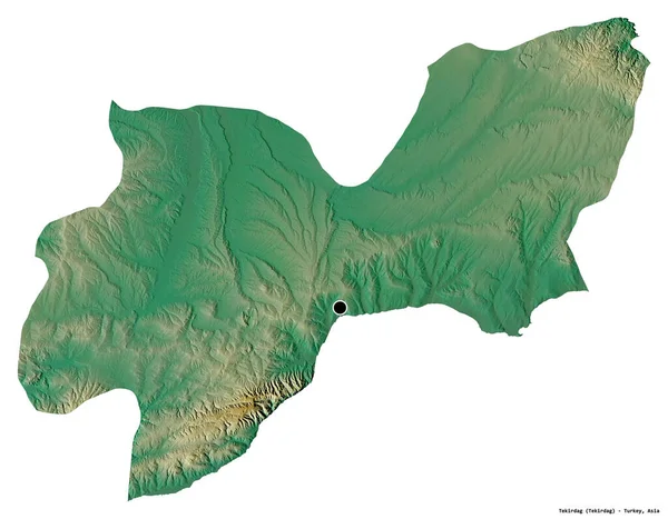 土耳其省Tekirdag的形状 其首都因白色背景而孤立 地形浮雕图 3D渲染 — 图库照片