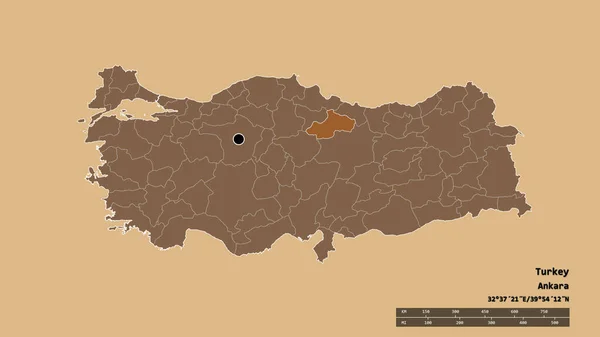 Desaturated Shape Turkey Its Capital Main Regional Division Separated Tokat — Stock Photo, Image