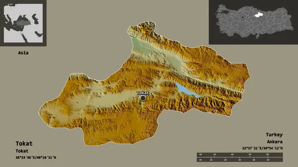 Forma Tokat Provincia Turchia Sua Capitale Scala Distanza Anteprime Etichette — Foto Stock