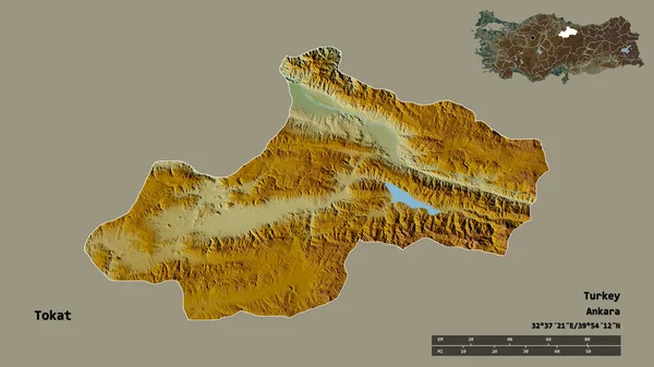 トルコ共和国のトカット州の形で その首都はしっかりとした背景に隔離されています 距離スケール リージョンプレビュー およびラベル 地形図 3Dレンダリング — ストック写真