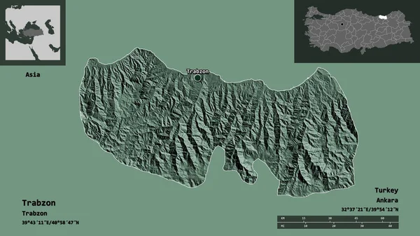 土耳其特拉布宗的形状及其首都 距离刻度 预览和标签 彩色高程图 3D渲染 — 图库照片