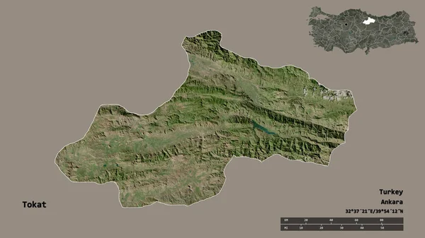 土耳其托卡特省的形状 其首都在坚实的背景下与世隔绝 距离尺度 区域预览和标签 卫星图像 3D渲染 — 图库照片