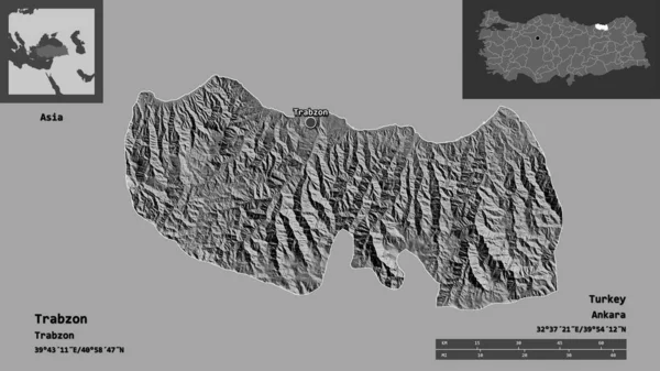 トラブゾンの形 トルコの州 およびその首都 距離スケール プレビューおよびラベル 標高マップ 3Dレンダリング — ストック写真