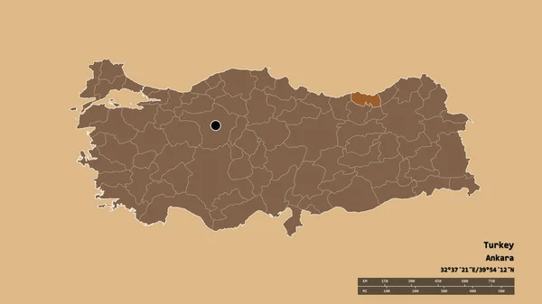 以土耳其首都 主要区域分部和分隔的特拉布宗地区为首都的土耳其的绝望面貌 图形纹理的组成 3D渲染 — 图库照片