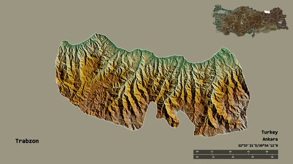 土耳其特拉布宗的形状 其首都在坚实的背景下与世隔绝 距离尺度 区域预览和标签 地形浮雕图 3D渲染 — 图库照片