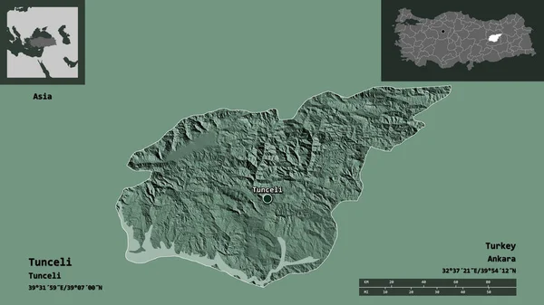 トルコの州トゥンチェリとその首都の形 距離スケール プレビューおよびラベル 色の標高マップ 3Dレンダリング — ストック写真