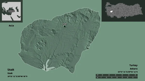 Shape Usak Provinz Der Türkei Und Ihre Hauptstadt Entfernungsskala Vorschau — Stockfoto