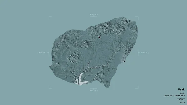 トルコの州ウサクの地域は 洗練された境界ボックス内の強固な背景に隔離されています ラベル 色の標高マップ 3Dレンダリング — ストック写真