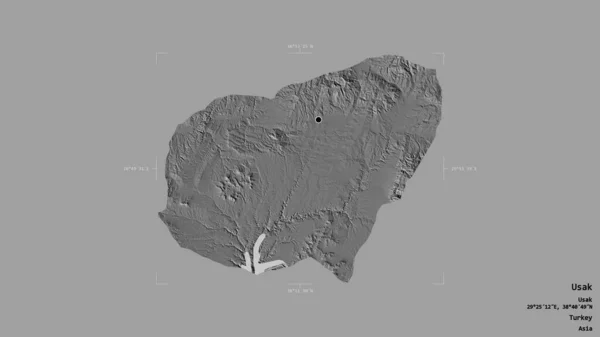 トルコの州ウサクの地域は 洗練された境界ボックス内の強固な背景に隔離されています ラベル 標高マップ 3Dレンダリング — ストック写真