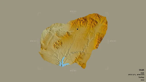 トルコの州ウサクの地域は 洗練された境界ボックス内の強固な背景に隔離されています ラベル 地形図 3Dレンダリング — ストック写真