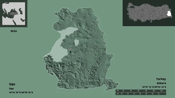 Formen Til Van Provinsen Tyrkia Hovedstaden Avstandsskala Forhåndsvisninger Etiketter Farget – stockfoto