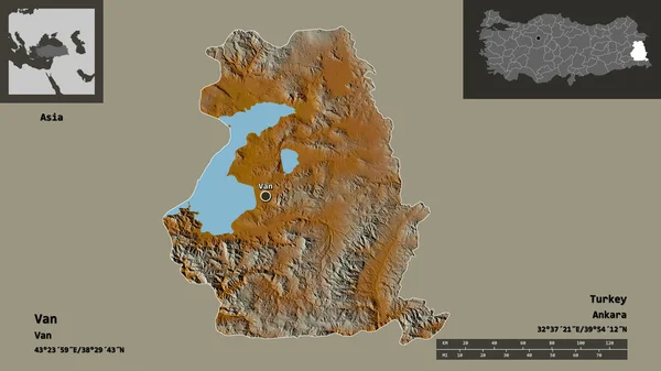 ファンの形 トルコの州 およびその首都 距離スケール プレビューおよびラベル 地形図 3Dレンダリング — ストック写真