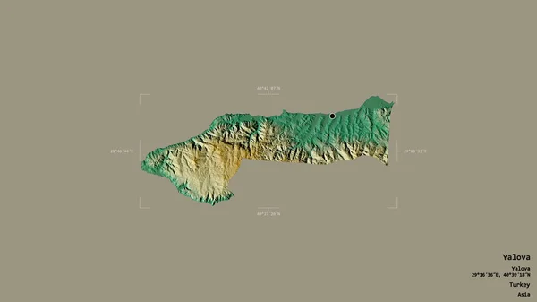 Area of Yalova, province of Turkey, isolated on a solid background in a georeferenced bounding box. Labels. Topographic relief map. 3D rendering