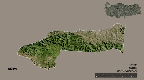 土耳其雅洛瓦省的形状 其首都在坚实的背景下与世隔绝 距离尺度 区域预览和标签 卫星图像 3D渲染 — 图库照片