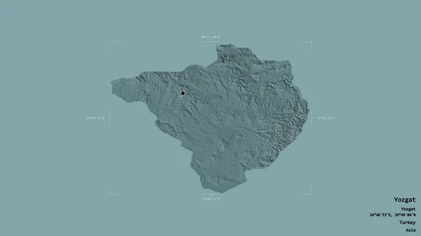 Area of Yozgat, province of Turkey, isolated on a solid background in a georeferenced bounding box. Labels. Colored elevation map. 3D rendering