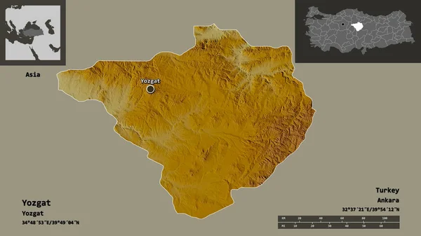 トルコの州ヨズガトとその首都の形 距離スケール プレビューおよびラベル 地形図 3Dレンダリング — ストック写真