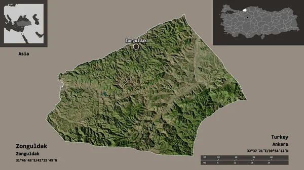 土耳其Zonguldak的形状及其首都 距离刻度 预览和标签 卫星图像 3D渲染 — 图库照片