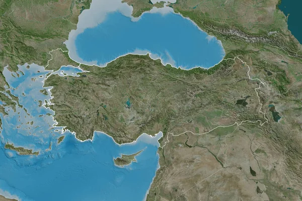 Rozszerzony Obszar Turcji Zarysem Kraju Granicami Międzynarodowymi Regionalnymi Zdjęcia Satelitarne — Zdjęcie stockowe
