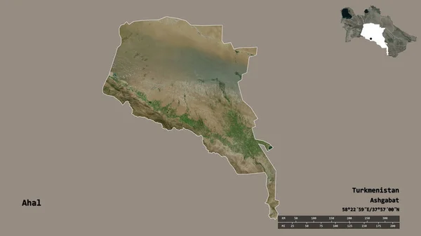 土库曼斯坦阿哈尔省的形状 其首都在坚实的背景下与世隔绝 距离尺度 区域预览和标签 卫星图像 3D渲染 — 图库照片