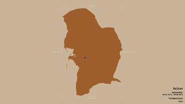 Balkan bölgesi, Türkmenistan, jeoreferatlı bir sınır kutusunun sağlam bir arka planında izole edilmiş. Etiketler. Desenli dokuların bileşimi. 3B görüntüleme