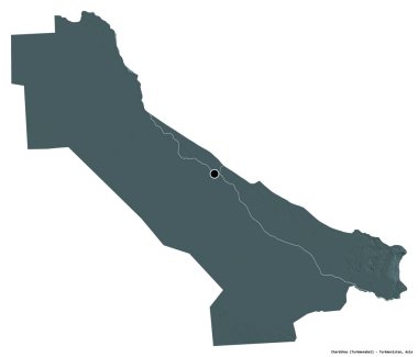 Başkenti beyaz arka planda izole edilmiş olan Türkmenistan ili Chardzhou 'nun şekli. Renkli yükseklik haritası. 3B görüntüleme