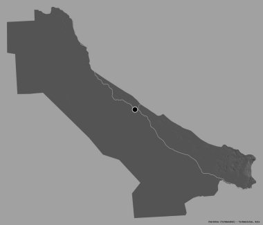 Türkmenistan ili Chardzhou 'nun başkenti sağlam bir renk arkaplanı ile izole edilmiştir. Çift seviyeli yükseklik haritası. 3B görüntüleme